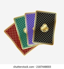 Fan four beautiful playing cards. The backside cards are green, red, black and magenta. Vector illustration on a white background.