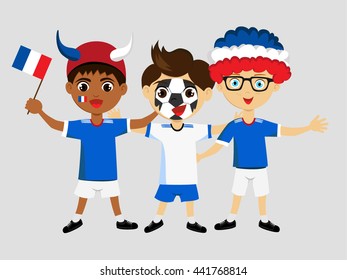 Fan of France national football team, sports. Boy with flag in the colors of the national command with sports paraphernalia. 