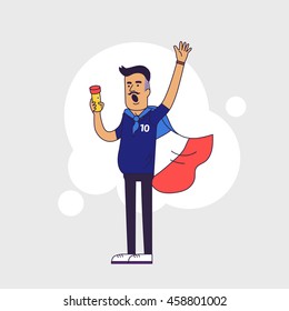 Fan of France national football team, sports. Character with flag in the national colors. Flat line style design