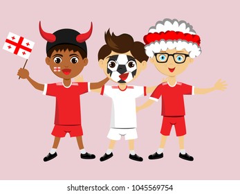 Fan of Georgia national football, hockey, basketball team, sports. Boy with Georgia flag in the colors of the national command with sports paraphernalia. Boy with Georgia flag in the form of a sport.