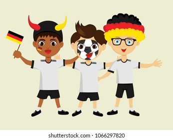 Fan of Germany national football, hockey, basketball team, sports. Boy with Germany flag in the colors of the national command with sports paraphernalia. Boy with Germany flag in the form of a sport.