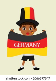 Fan of Germany national football, hockey, basketball team, sports. Boy with Germany flag in the colors of the national command with sports paraphernalia. Boy with Germany flag in the form of a sport.