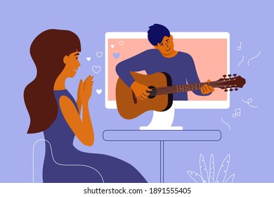 Fan Girl Looks In Love At Her Idol On Computer Screen. Man Playing Guitar. Boyfriend Performs Melody On Musical Instrument Online For Girlfriend. Young Woman And Virtual Valentine. Vector Illustration