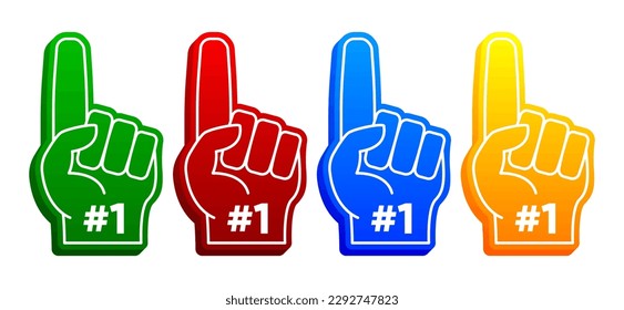 Fan Glove. Foam Hand, Finger, Number One hash tag 1. Sport Concept. Supporting Sign in different colors Isolated on white background. Vector illustration.