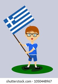Fan of Greece national football, hockey, basketball team, sports. Boy with Greece flag in the colors of the national command with sports paraphernalia. Boy with Greece flag in the form of a sport.
