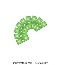 Fan of green dollar paper banknotes isolated on white background - flat bill money currency concept for finance and banking theme banner or card. Vector illustration.