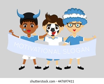 Fan of Guatemala national football team, sports. Boy with flag in the colors of the national command with sports paraphernalia.