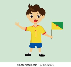 Fan of Guiana national football, hockey, basketball team, sports. Boy with Guiana flag in the colors of the national command with sports paraphernalia. Boy with Guiana flag in the form of a sport.