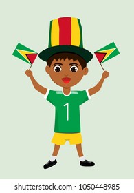 Fan of Guyana national football, hockey, basketball team, sports. Boy with Guyana flag in the colors of the national command with sports paraphernalia. Boy with Guyana flag in the form of a sport.