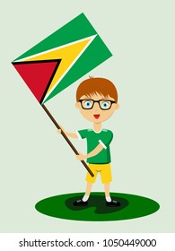 Fan of Guyana national football, hockey, basketball team, sports. Boy with Guyana flag in the colors of the national command with sports paraphernalia. Boy with Guyana flag in the form of a sport.