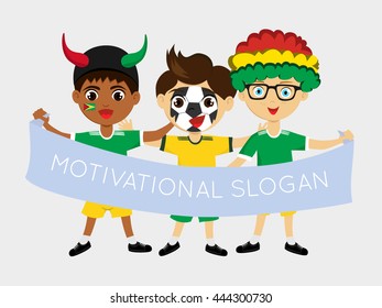 Fan of  Guyana national football team, sports. Boy with flag in the colors of the national command with sports paraphernalia.