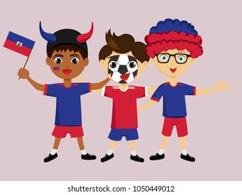 Fan of Haiti national football, hockey, basketball team, sports. Boy with Haitiflag in the colors of the national command with sports paraphernalia. Boy with Haiti flag in the form of a sport.