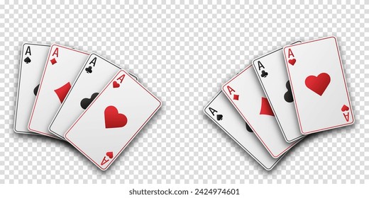 Fan of hand playing cards. Aces with the suit of hearts, clubs, diamonds and spades. Vetor illustration. Poker or casino concept. Transparent background.