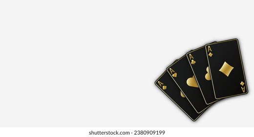 Fan of hand playing cards. Four aces with the suit of hearts, clubs, diamonds and spades. Casino or poker concept. Vetor illustration. White background.