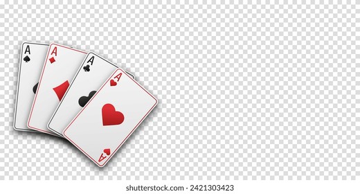 Fan of hand playing cards. Four aces with the suit of hearts, clubs, diamonds and spades. Vetor illustration. Poker or casino concept. Transparent background.