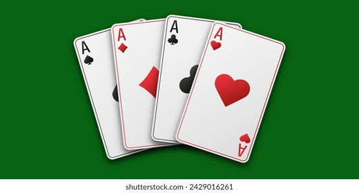 Fan of hand playing cards. Four aces with the suit of hearts, clubs, diamonds and spades. Vetor illustration. Poker or casino concept. Green playing table.