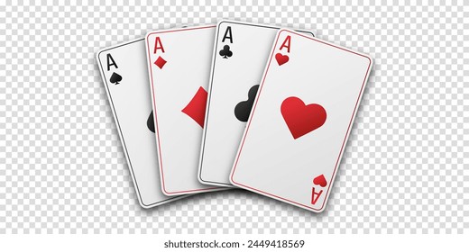 Fan of hand playing cards. Four aces with the suit of hearts, clubs, diamonds and spades. Vetor illustration. Poker or casino concept. Transparent background.