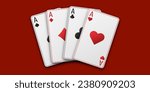 Fan of hand playing cards. Red playing table. Four aces with the suit of hearts, clubs, diamonds and spades. Vetor illustration. Poker or casino concept.
