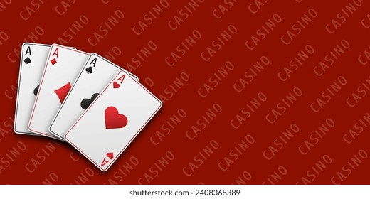 Fan of hand playing cards. Red playing table. Four aces with the suit of hearts, clubs, diamonds and spades. Vetor illustration. Casino concept.