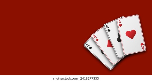 Fan of hand playing cards. Red playing table. Four aces with the suit of hearts, clubs, diamonds and spades. Vetor illustration. Poker or casino concept.