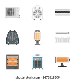 Fan heater icon set. Flat set of 9 fan heater vector icons for web design isolated on white background