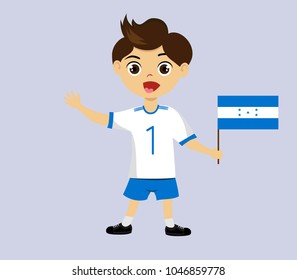 Fan of Honduras national football, hockey, basketball team, sports. Boy with Honduras flag in the color of the national command with sports paraphernalia. Boy with Honduras flag in the form of a sport