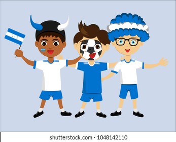 Fan of Honduras national football, hockey, basketball team, sports. Boy with Honduras flag in the color of the national command with sports paraphernalia. Boy with Honduras flag in the form of a sport