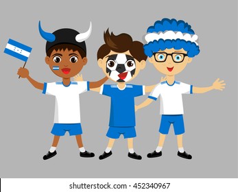 Fan of Honduras national football team, sports. Boy with flag in the colors of the national command with sports paraphernalia.