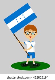 Fan of Honduras national football team, sports. Boy with flag in the colors of the national command with sports paraphernalia.