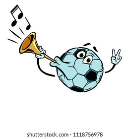 Fan horn, loud sound. Character soccer ball football. Isolate on white background. Comic cartoon pop art retro illustration vector drawing