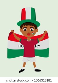 Fan of Hungary national football, hockey, basketball team, sports. Boy with Hungary flag in the colors of the national command with sports paraphernalia. Boy with Hungary flag in the form of a sport.