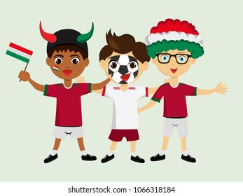 Fan of Hungary national football, hockey, basketball team, sports. Boy with Hungary flag in the colors of the national command with sports paraphernalia. Boy with Hungary flag in the form of a sport.