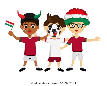 Fan of  Hungary. national football team, sports. Boy with flag in the colors of the national command with sports paraphernalia.