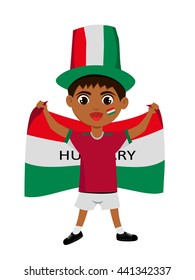 Fan of  Hungary. national football team, sports. Boy with flag in the colors of the national command with sports paraphernalia.