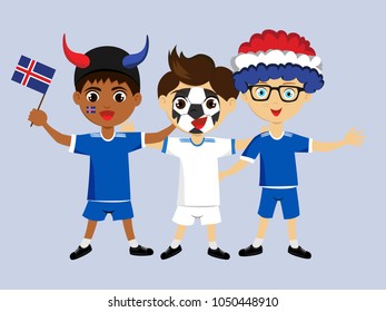 Fan of Iceland national football, hockey, basketball team, sports. Boy with Iceland flag in the colors of the national command with sports paraphernalia. Boy with Iceland flag in the form of a sport.