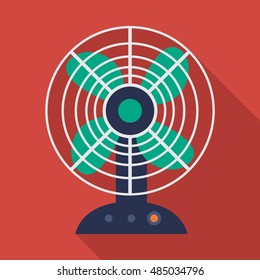 fan icon or button in flat style with long shadow, isolated vector illustration on red transparent background