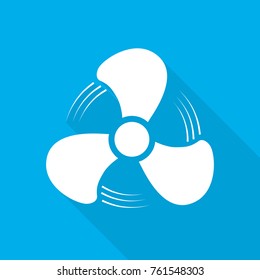 Fan icon with long shadow on blue background.. Vector illustration. White fan in flat design