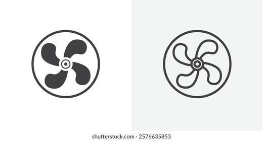 Fan icon set in black flat solid and outlined style.