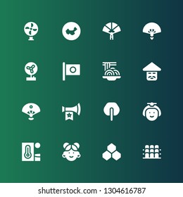fan icon set. Collection of 16 filled fan icons included Grandstand, Benzene, Chinese, Heat, Japanese, Fan, Vuvuzela, Sensu, Padthai, Japan, Paper China
