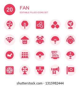 fan icon set. Collection of 20 filled fan icons included Fan, Air, Benzene, Chinese, Japanese, China, Grandstand, Padthai, Sensu, Extractor, Fans, Vuvuzela, Japan