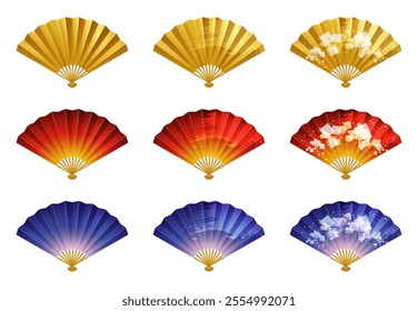 Fan illustration in gold, red and blue colors_brush strokes and gold leaf_set