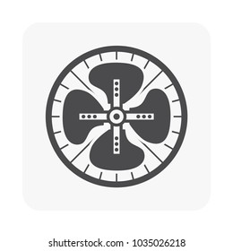 Fan impeller vector icon. Also called rotor or runner. Item is a powered machine used to create wind or air flow. Consists of rotating of vanes or blades and cover with fan guard, grille or housing.