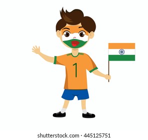 Fan of India national football team, sports. Boy with flag in the colors of the national command with sports paraphernalia.