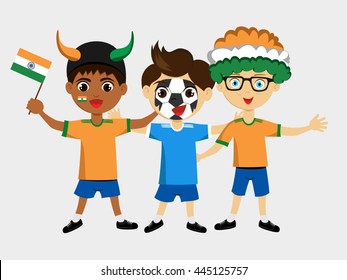 Fan of India national football team, sports. Boy with flag in the colors of the national command with sports paraphernalia.