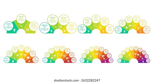 Modelos infográficos para ventiladores. Diagrama em semicírculo, gráfico da cauda do pavão. Infográficos coloridos do ventilador em semicírculo com processo de inicialização de negócios em várias etapas, fluxo de trabalho em equipe. Conjunto de vetores.