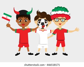 Fan of Iran national football team, sports. Boy with flag in the colors of the national command with sports paraphernalia.