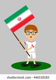 Fan of Iran national football team, sports. Boy with flag in the colors of the national command with sports paraphernalia.