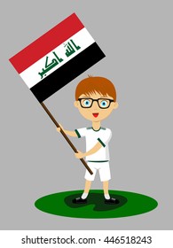 Fan of Iraq national football team, sports. Boy with flag in the colors of the national command with sports paraphernalia.
