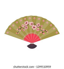 Fan, isolated object, cherry flowers, Japanese Sakura, hand drawn, flat style, vector illustration