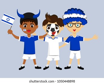 Fan of Israel national football, hockey, basketball team, sports. Boy with Israel flag in the colors of the national command with sports paraphernalia. Boy with Israel flag in the form of a sport.